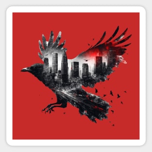 Crow and city double exposure Magnet